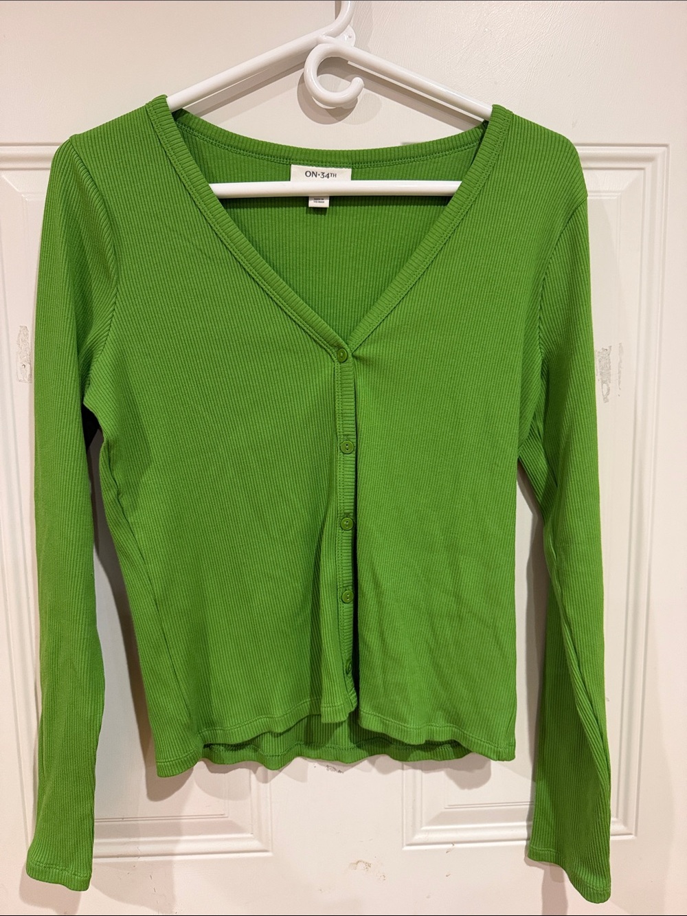 On 34th Lime Ribbed Button-Down V-Neck Top
